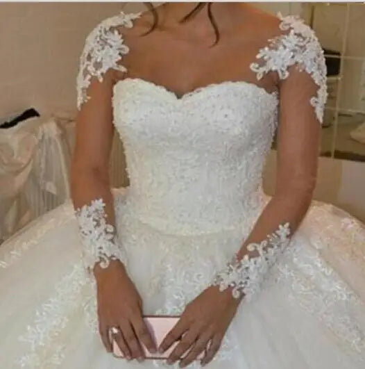 Muslim Appliqued Beaded Lace Puffy Ball Gown Cheap Customized White Ivory Long Sleeve Wedding Dress MWA215