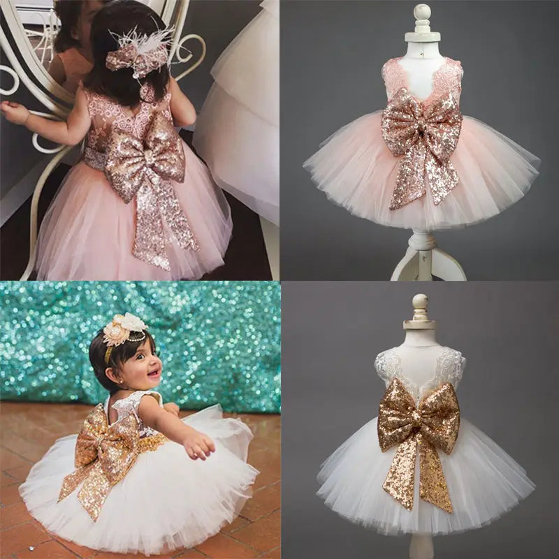 2024 Brand New Newborn Infant Toddler Child Kid Baby Girl Sequins Bowknot Dress Party Dress Christmas Backless Princess Sundress