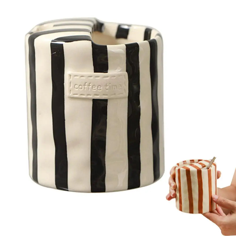 Vintage Stripe Hand Painted Ceramic Mug Creative Dual Compartment Coffee Cup for Office Afternoon Tea Breakfast