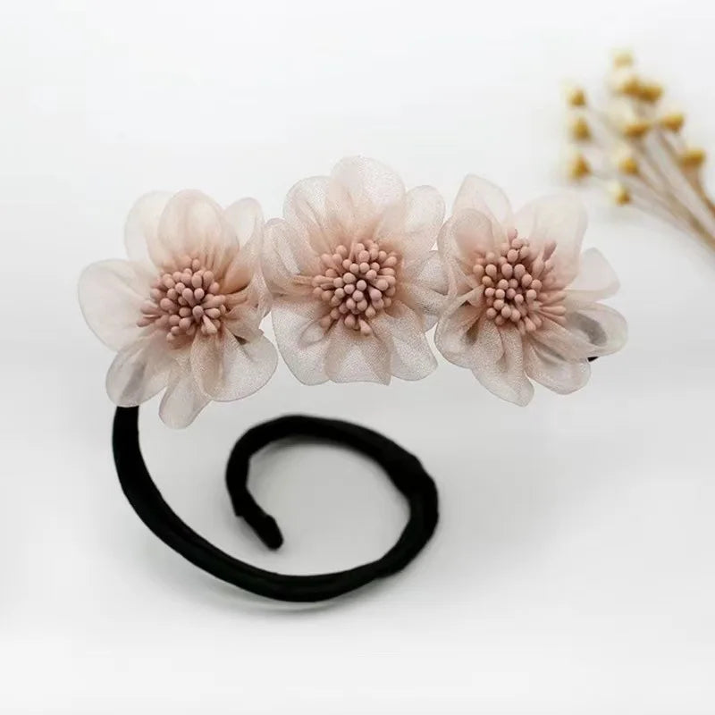 New Women Elegant Bud Chiffon Flowers Bun Maruko Hairstyles Making Long Tools Sweet Headband Hairbands Fashion Hair Accessories