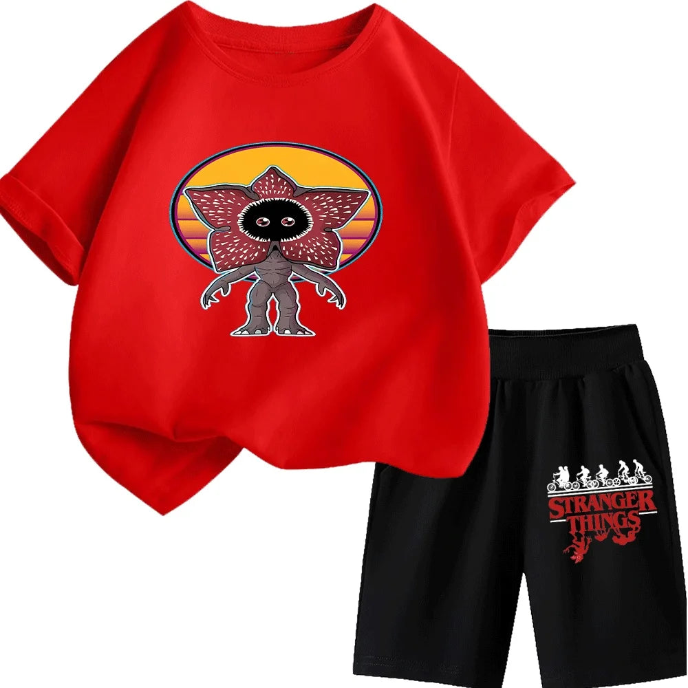 Cute Demogorgon Pattern Kids T-Shirt Set, Fashionable and Comfortable Short-Sleeve Tops for Boys and Girls, Ideal for Daily Wear