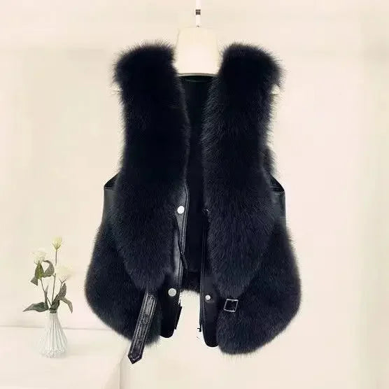 2024 autumn and winter fur vest short spliced leather, new style with shoulder collar and gold short sobretudo feminino