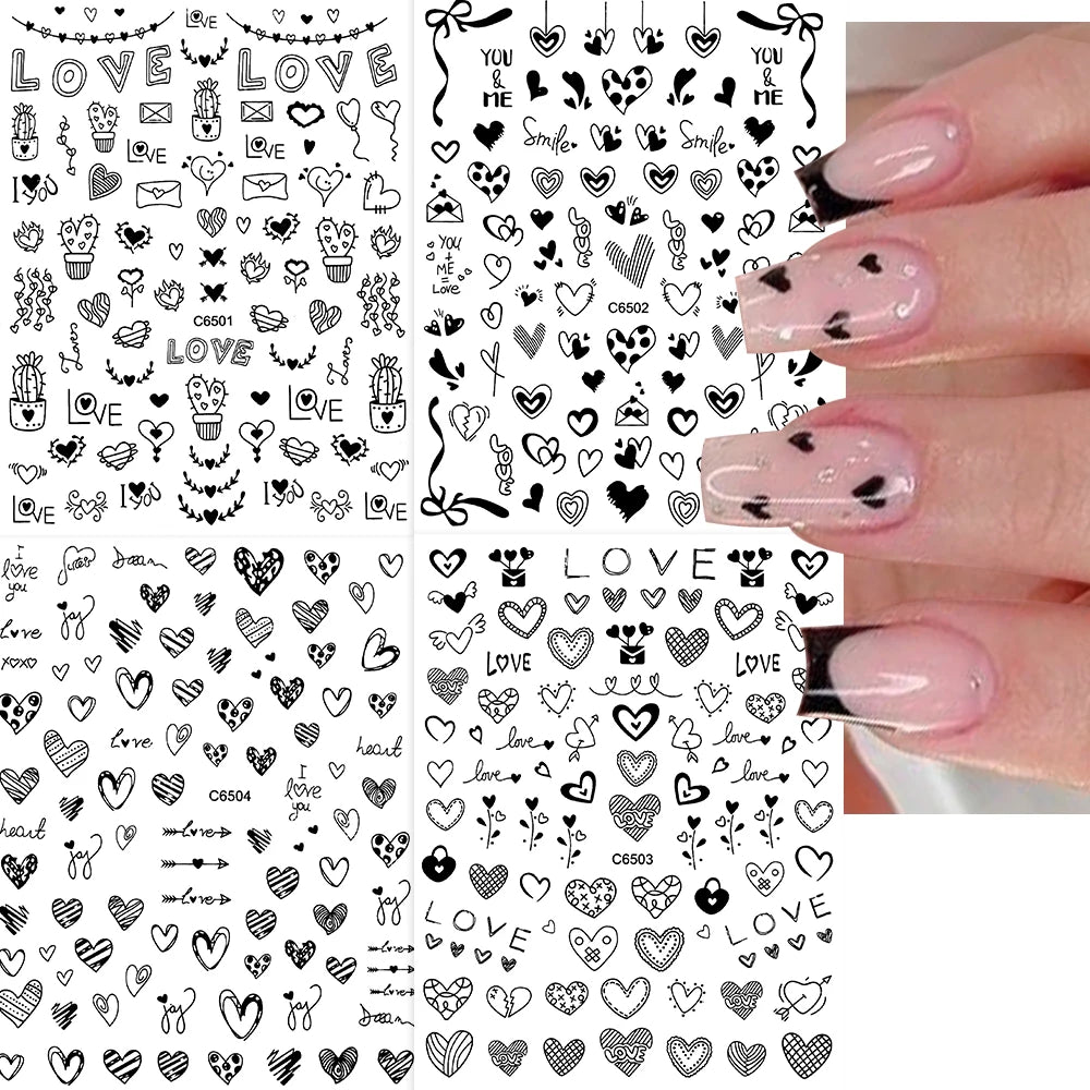 4Pcs Love Heart 3D Nail Art Decals 10*8cm Red Black Letter & LOVE Adhesive Sliders Nail Stickers Decoration For Valentine's Day