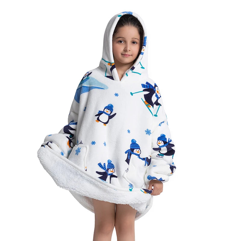 Oversized Wearale Blanket Hoodie Flannel Sherpa Fleece Warm Soft Winter Hoodie Sweatshirt for Kids Adults Home Blanket Snuggle