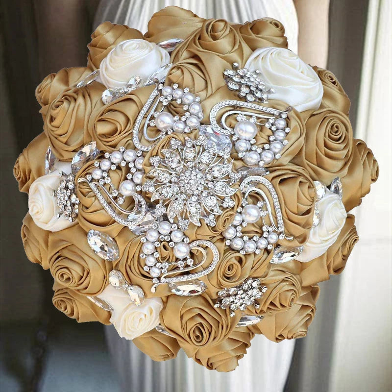 1pc/lot Gold Bridal Wedding Bouquet Satin Rose Artificial Flowers Wedding Bouquet de novia On Sale