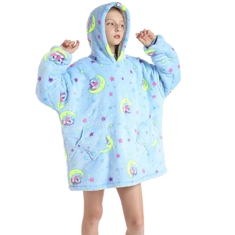 Kids Hoodie Homewear Oversized Blanket with Sleeves Cartoon Print Robe Boy Sweatshirt Teenage Girl Hoodie Children Warm Clothes