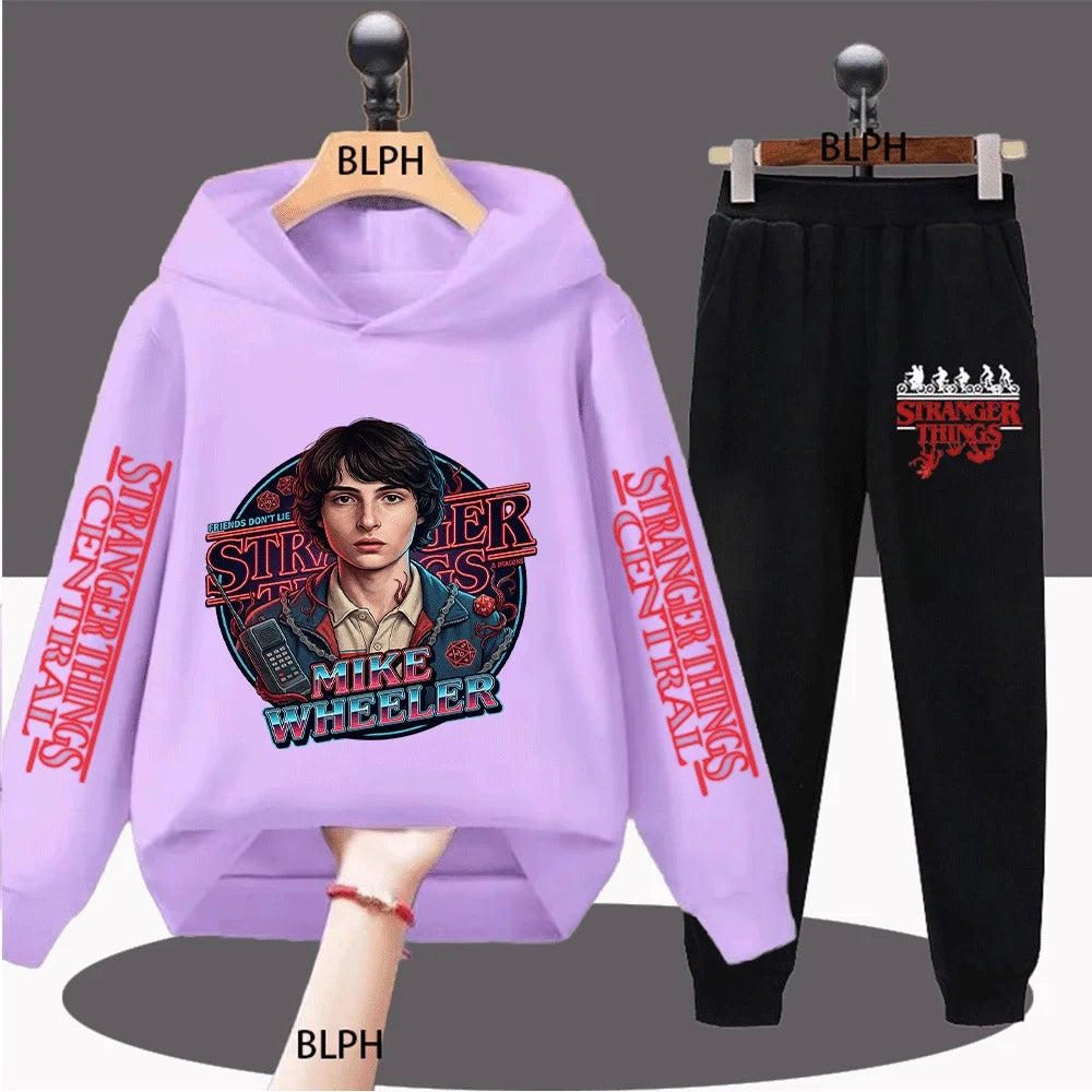 Kids Stranger Things Mike Wheeler Graphic Hoodie Set, Classic TV Show Inspired Casual Sweatshirt and Pants Outfit for Boys Girls