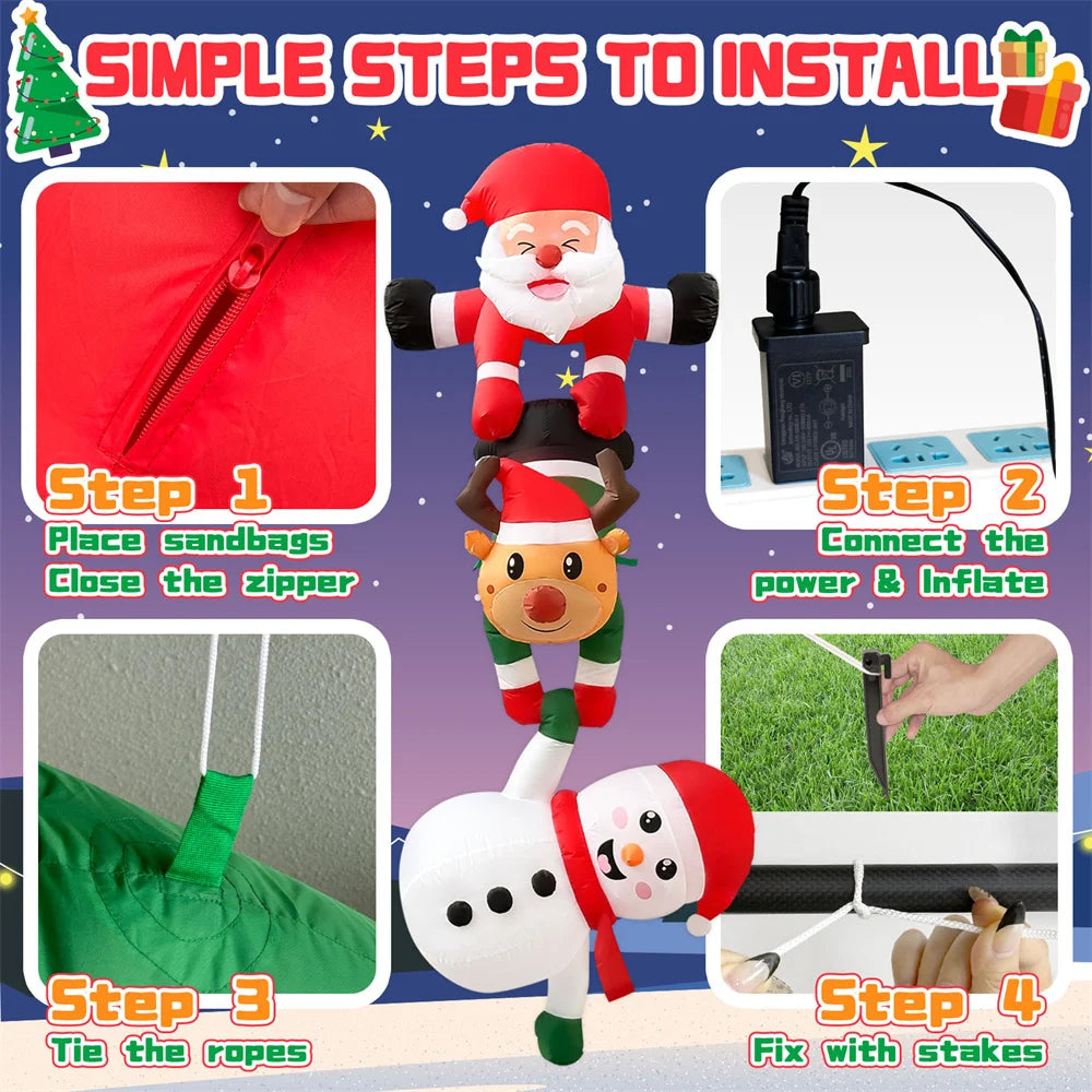 2.4M Inflatable Christmas Climbing Santa Claus with Reindeer & Snowman,Built-in LED for Outdoor Beam Roof Tree Party Yard Decor