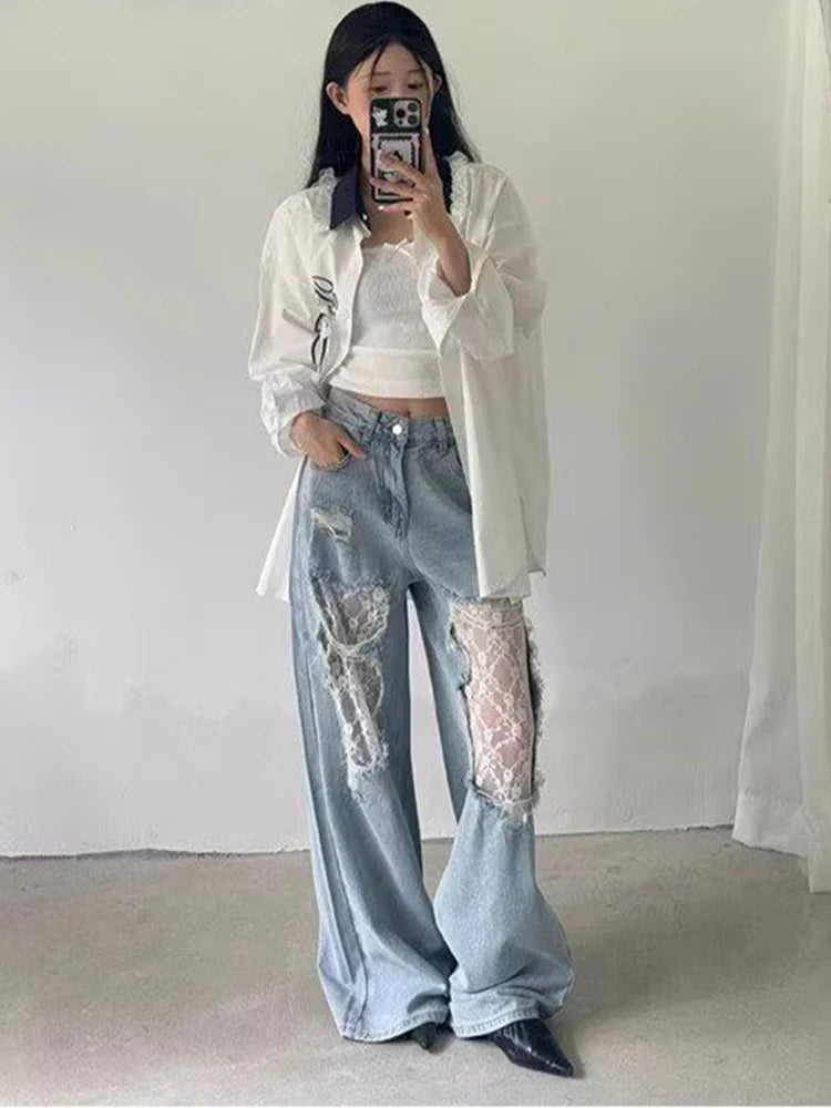 2025 Women's Y2K American Style High Waist Lace Spliced Denim Pants Loose Wide Leg Trousers Fashion Hottie Hole Patchwork Jeans