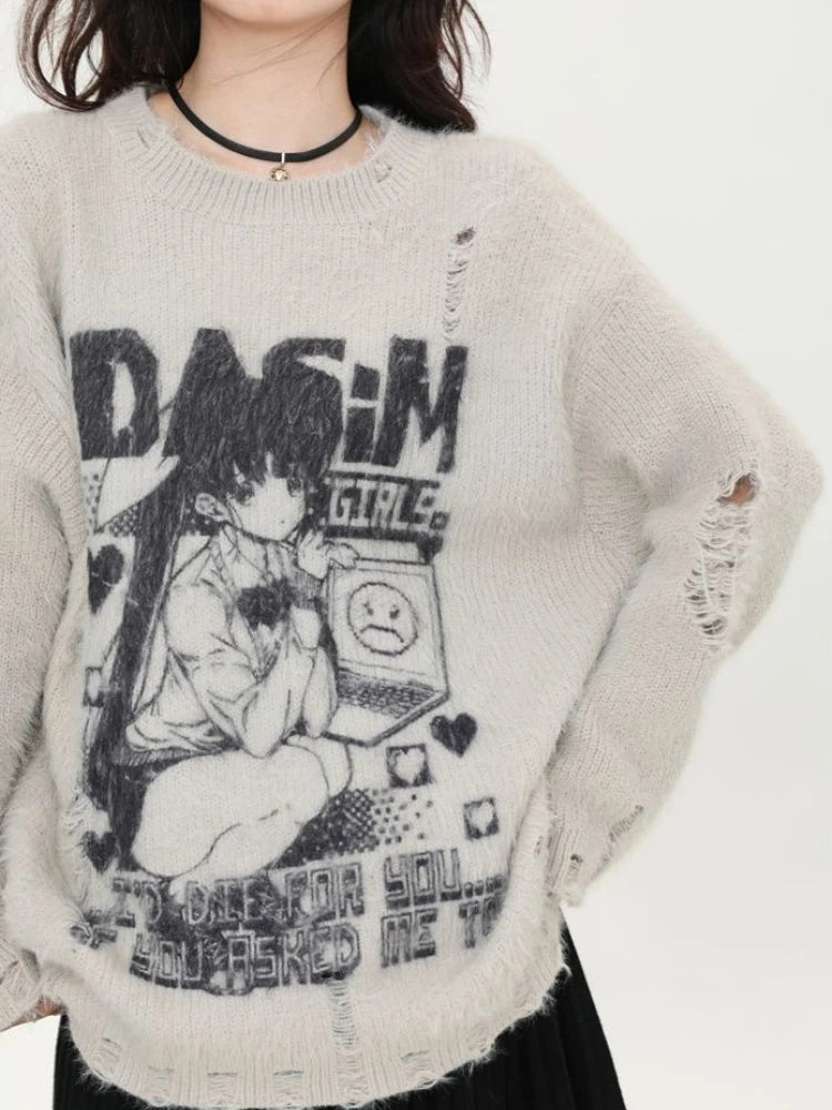 2000s American Vintage Casual Loose O Neck Long Sleeve Autumn Sweaters Y2k Harajuku Kawaii Print Anime Pullovers Subculture Chic