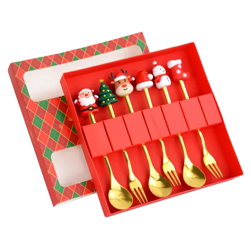 2/4/6pcs Christmas Gift Spoon Forks Set Stainless Steel Cutlery Tableware Decoration Coffee Tea Dessert Scoop 2025 New Year Home