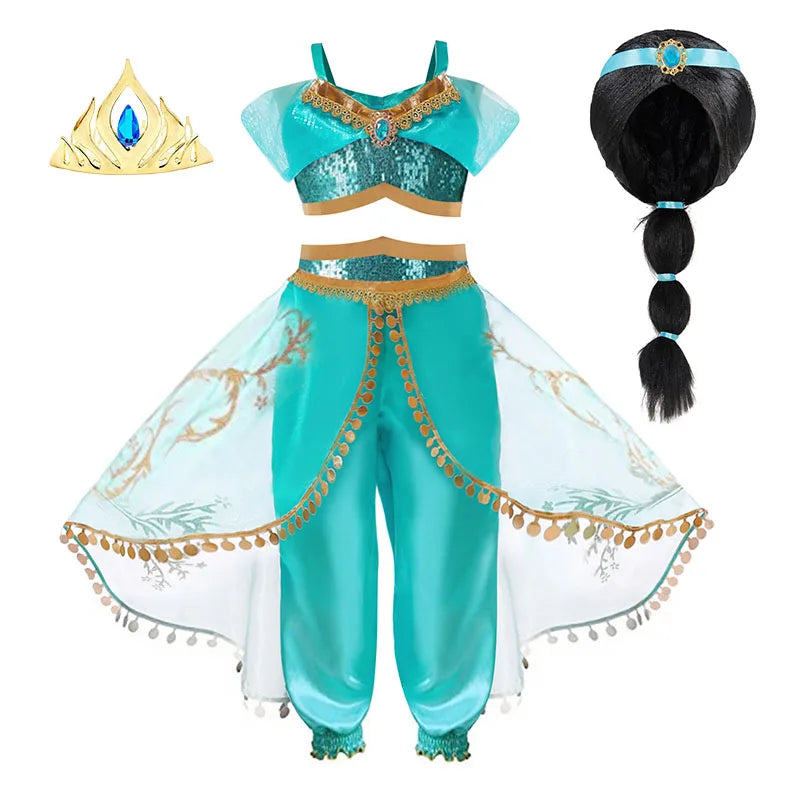 Baby Girls Cosplay Disney Jasmine Costume Aladdin Princess Dress Kids Magic Lamp Fancy Birthday Party Dresses Jasmine Clothes