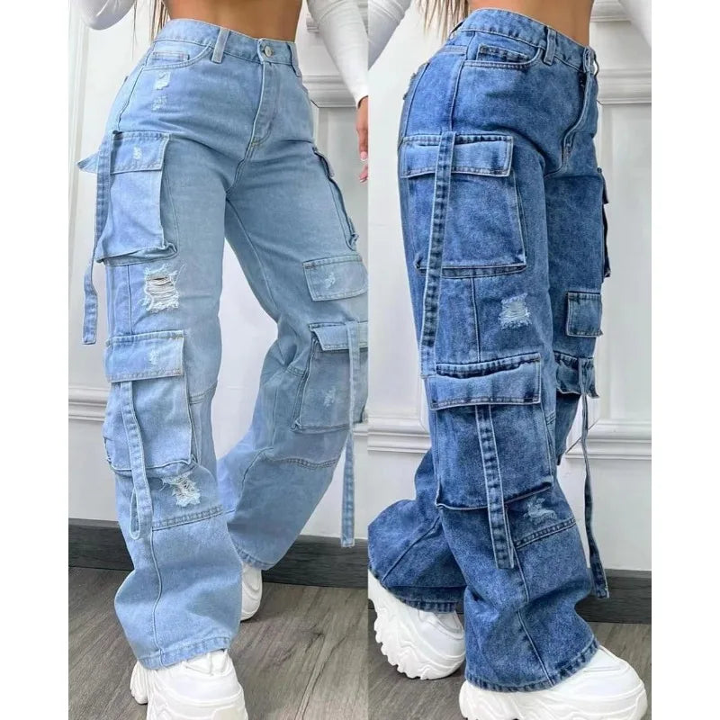 Women Denim Trousers Fashionable Solid Color Versatile Multi-pocket Casual Pants Ladies Large Size High Waist Denim 2025
