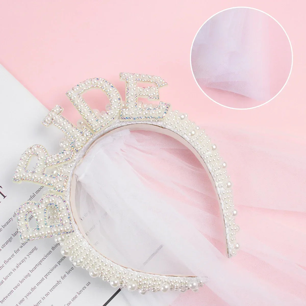 White Bride Headband Pearl Crown with Veil Bride To Be Wedding Decoration Bridal Shower Gift Bachelorette Hen Party Supplies
