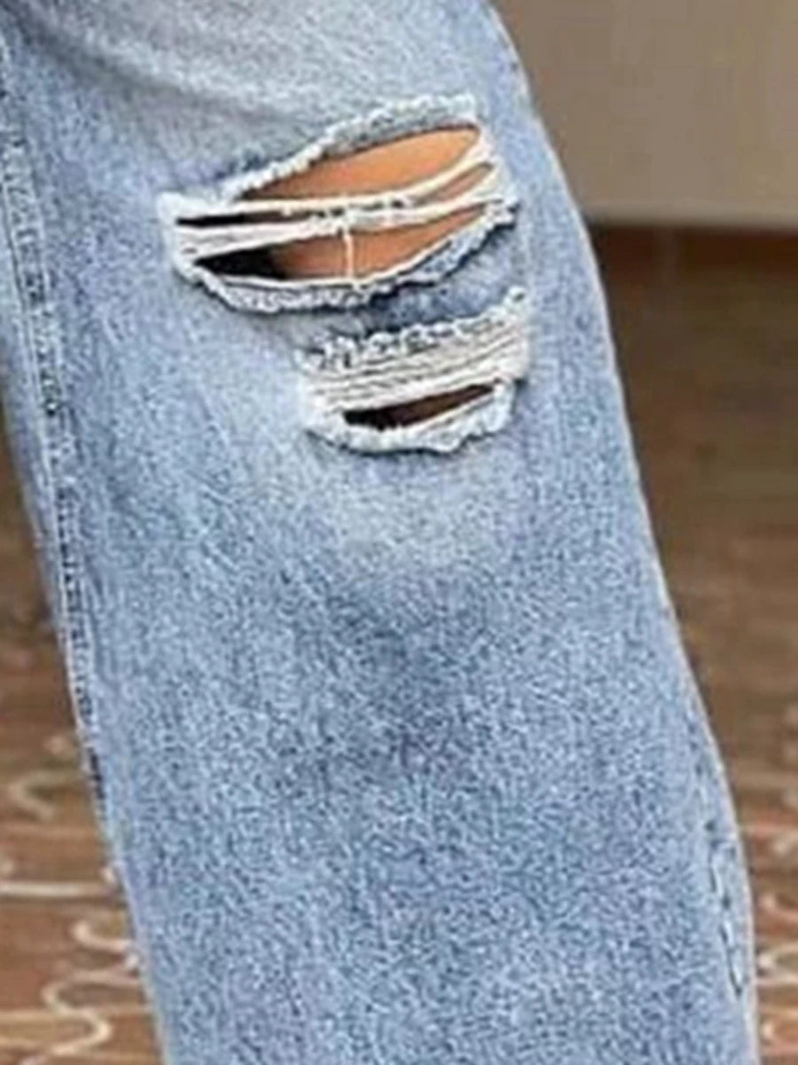 Women's Fashionable High Waisted Retro Loose Hole Wide Leg Pants Light Color Washed New Jeans Women's Long Pants