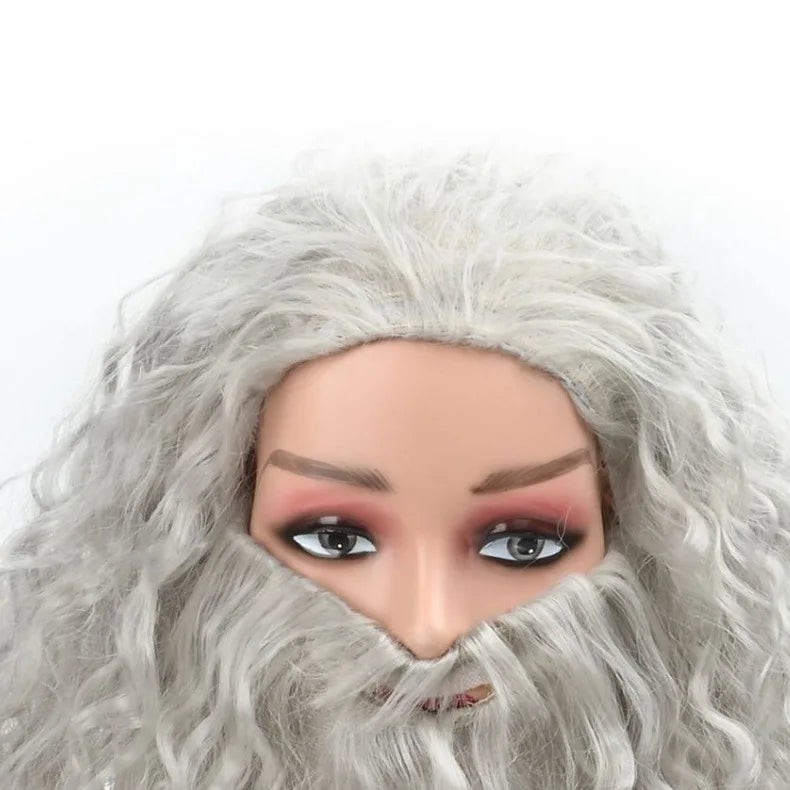 Halloween Mens Wizard cosplay wig grey hair wig and beard Dumbledore Gandalf role play Grey hair Wizard costumes
