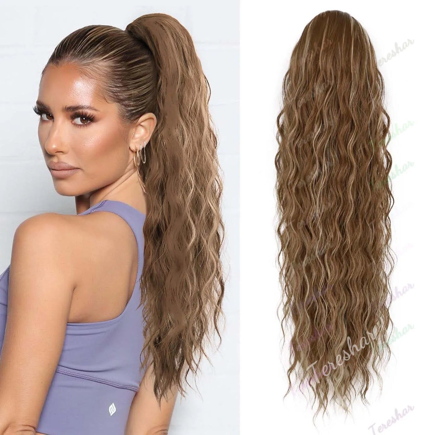 Synthetic 24inch Long Curly Wavy Ponytail Extension Drawstring Ponytail Hair Extensions for Women Hairpiece for Daily Use Party