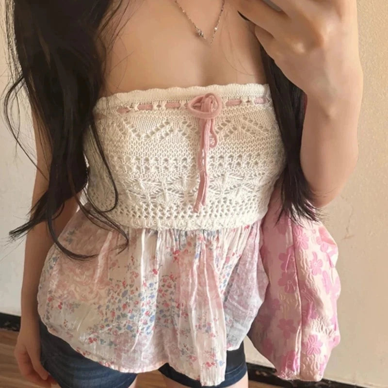 Summer New Sexy Spice French Elegant Ladies Top Lace Patchwork Halter Vest Floral Skirt Design Hollowed-Out Strapless Tops