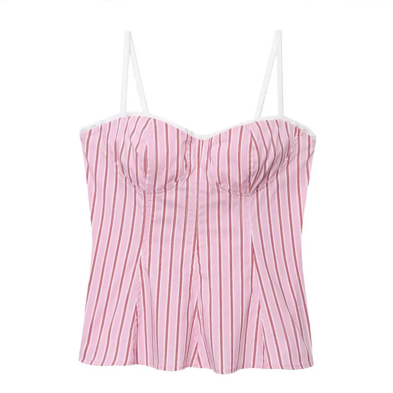 HXAO Summer Women's Two Pieces Set New Pink Striped Open Back Halter Top Pant Sets Crop Zipper Top With Lace Casual Women's Suit
