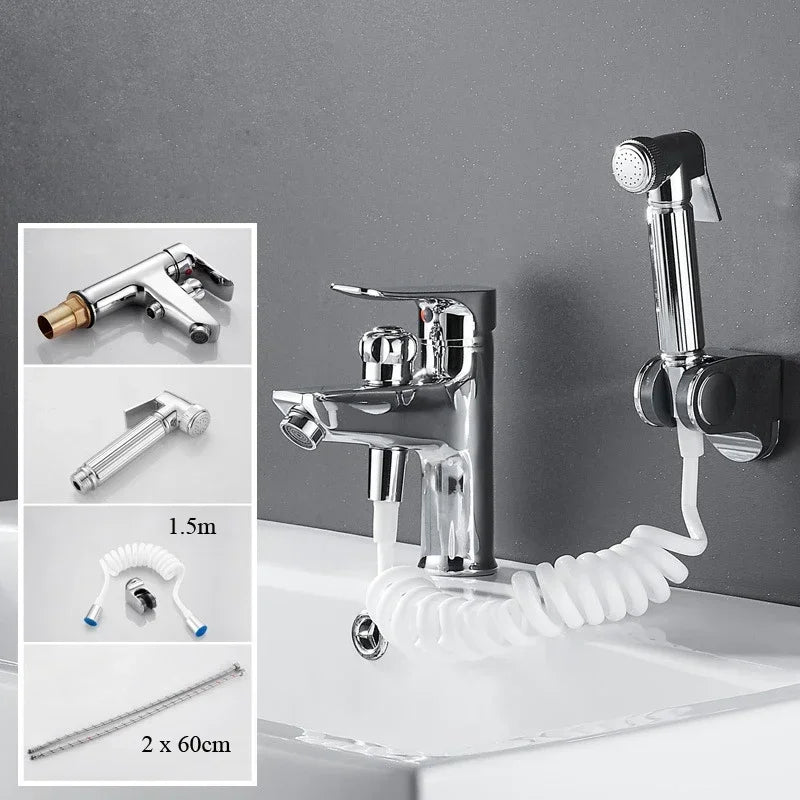 Basin Cold and Hot Water Faucet Double Use with Spray Gun Two-in-one Bath Shampoo Single-hole Bathroom Faucet