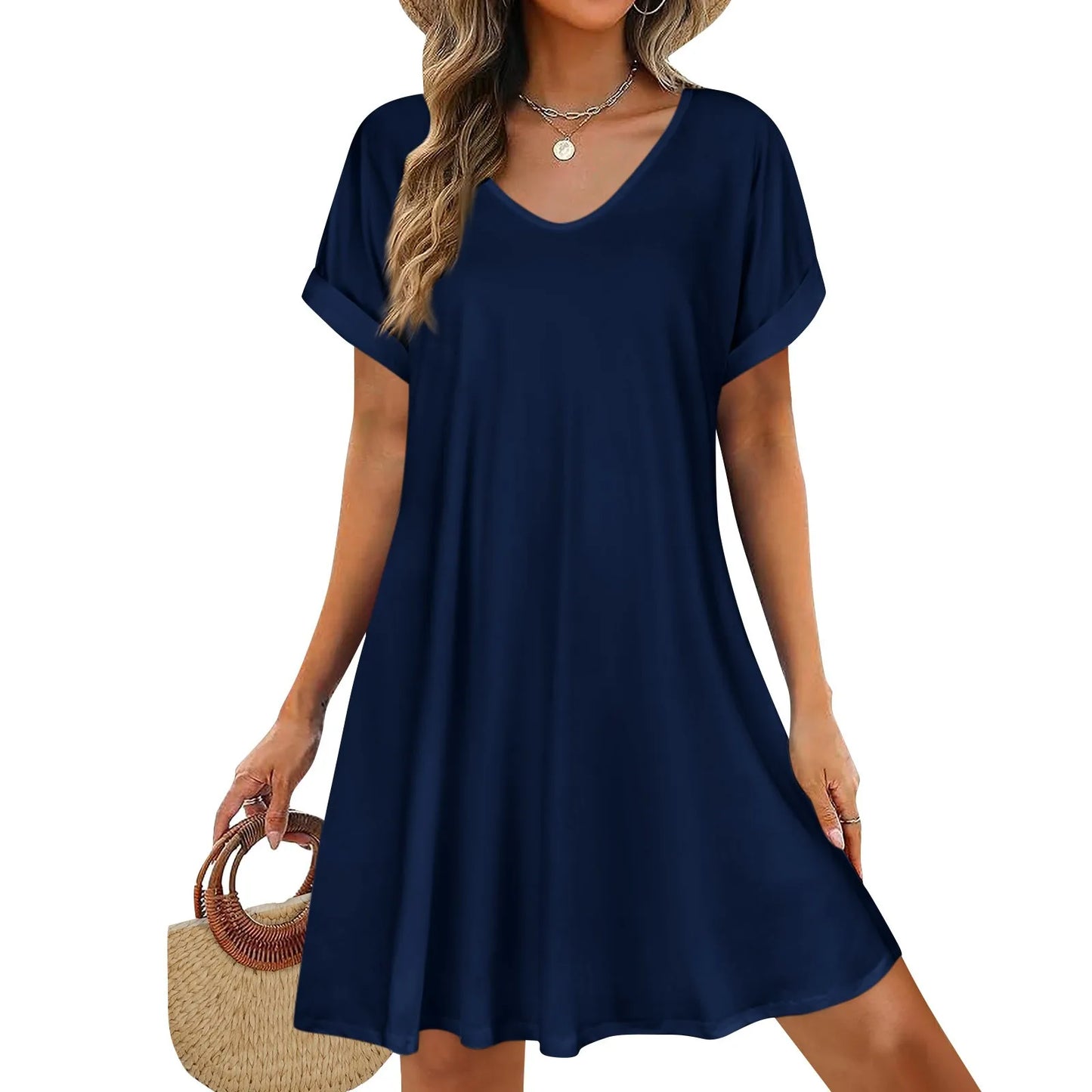 2025 Women Summer Dresses Sex Bikini Short Sleeve Casual Beach T-shirt Dress Round Neck Loose Swing Sundress