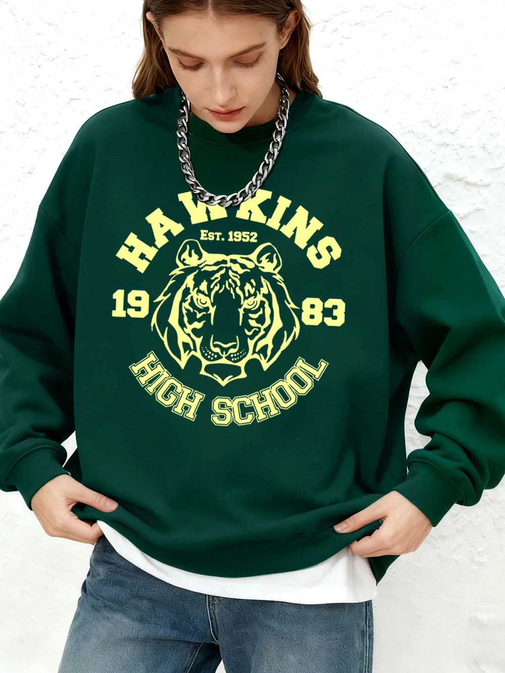 Hawkins High School Prints Sweatshirt Womens Winter Fleece Warm Hoodie Crewneck Jogger Pullovers Casual Loose Womans Clothes