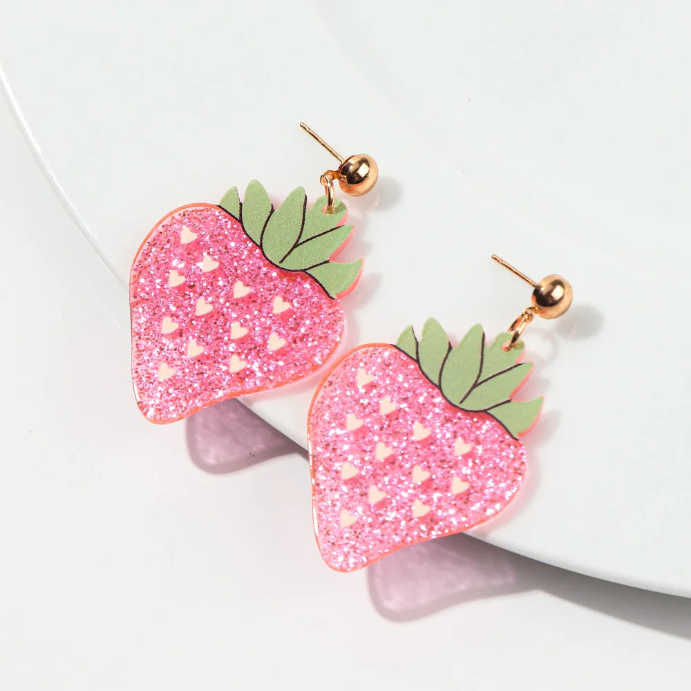 Glitter Pink Strawberry Acrylic Drop Earrings for Women New Cute Red Mushroom Drop Earring Trendy Jewelry Valentine's Day Gifts