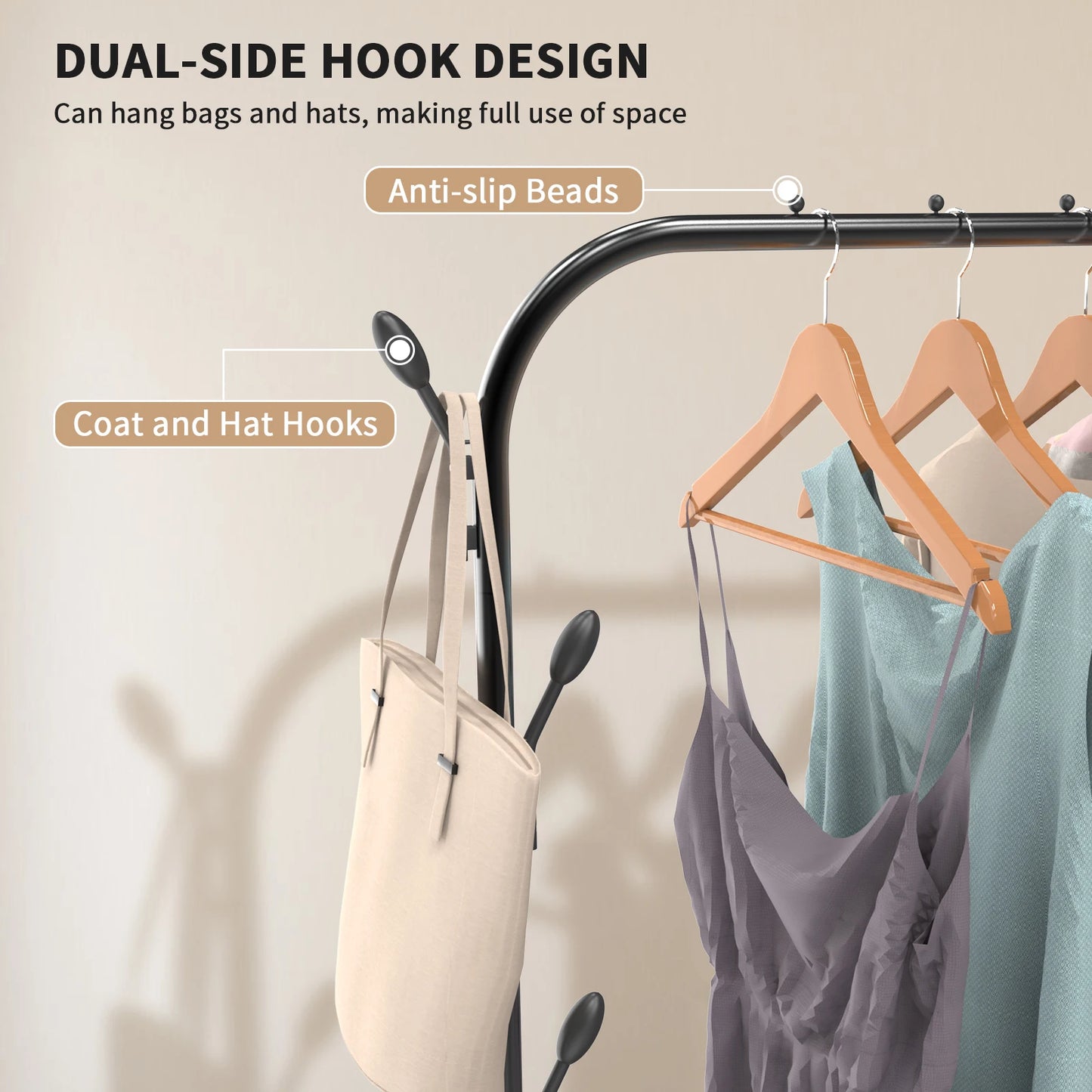 Metal Clothes Rail Heavy Duty Clothes Rack Single Hanging Portable Bedroom Freestanding Clothing Rack Storage Shelf With Hooks