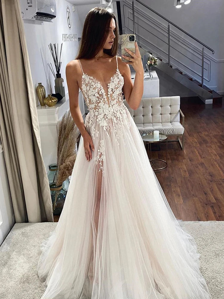 LORIE 3D Lace Wedding Dresses A Line Satin Bridal Gowns Square Neck Wedding Party Gowns 2023