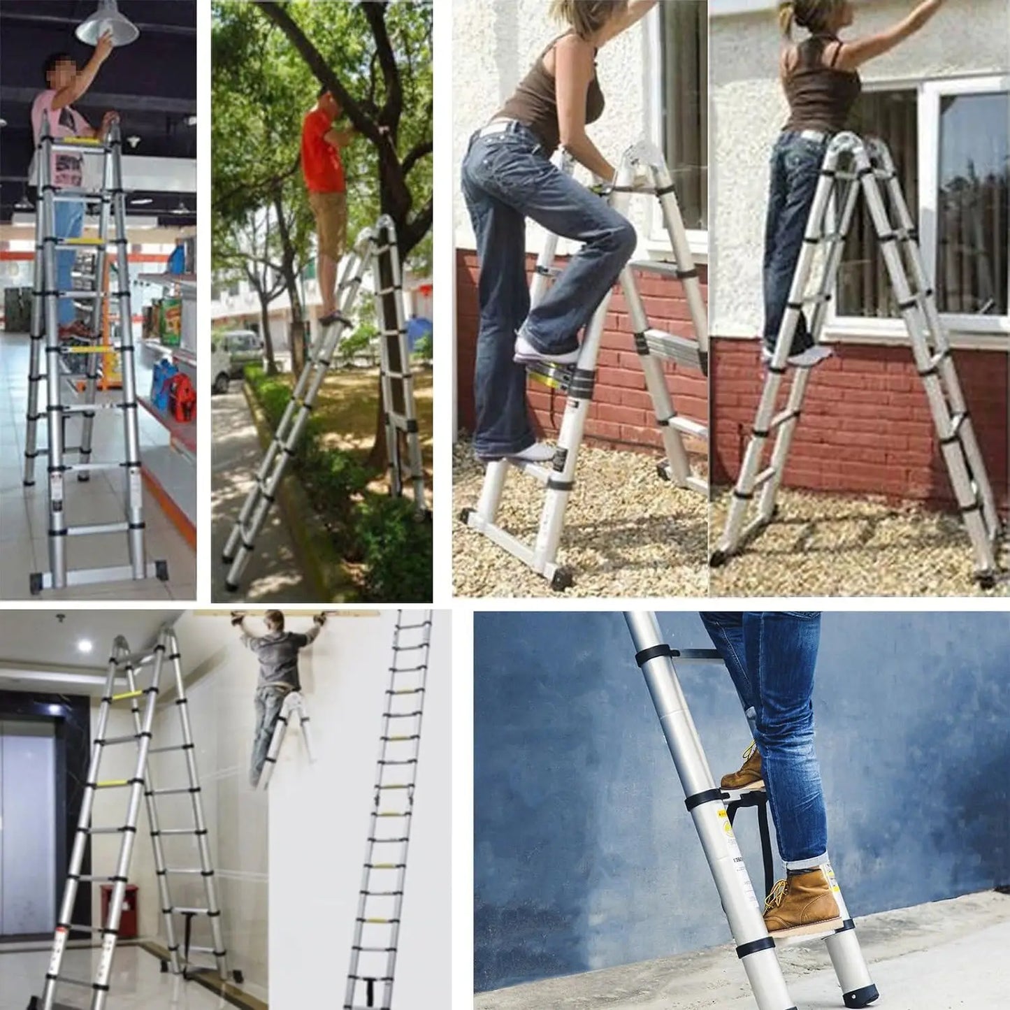 Telescopic Folding Ladder 2.5M+2.5M Multi Purpose A-Frame Heavy Duty Loft Ladders 16.5 FT Aluminum with Stabilizer Home Tools