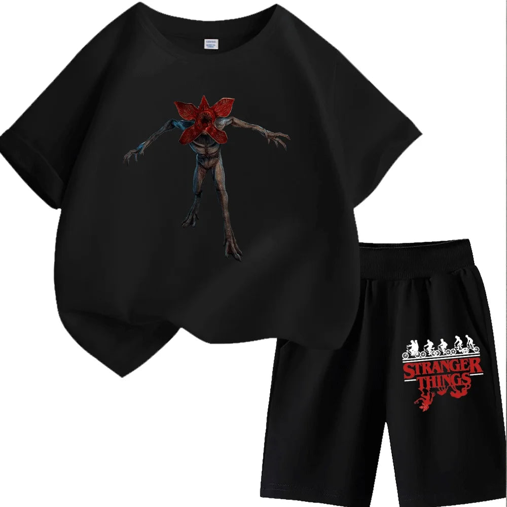 Kids Stranger Things Demogorgon Print T-Shirt Set, Fashionable and Comfortable Short-Sleeve T-Shirt for Boys and Girls, Unique