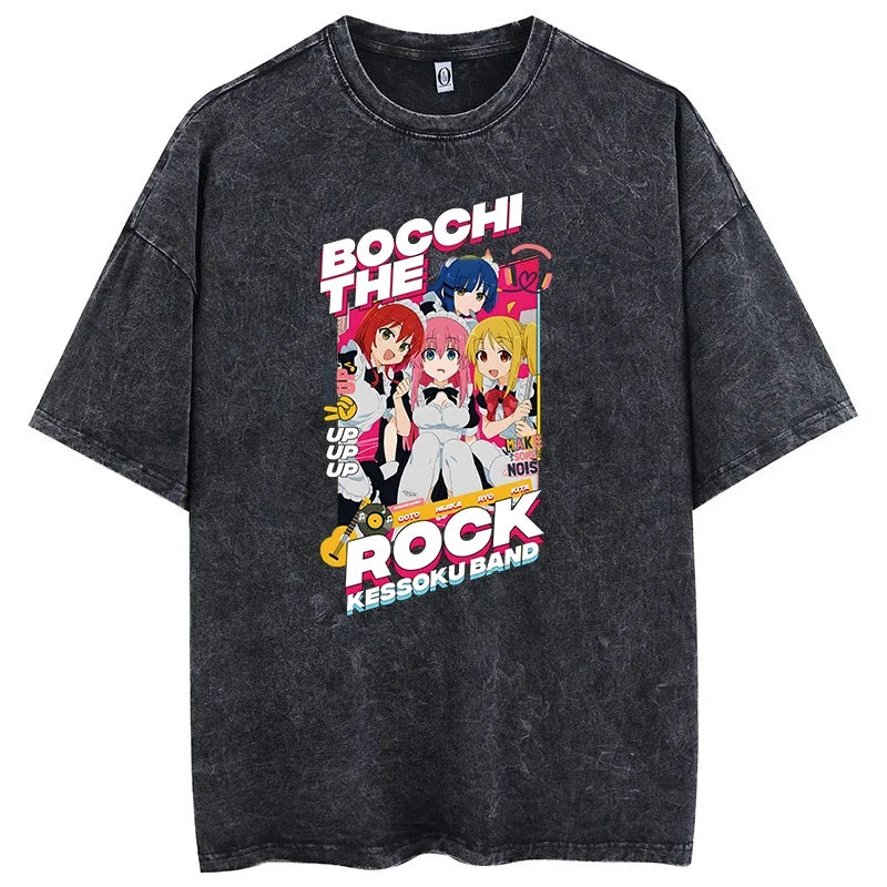 Men Oversized Printed Tshirts Bocchi Club Music Band Anime Bocchi The Rock Cotton Tops Creative Crew Neck Tees Washed TShirt