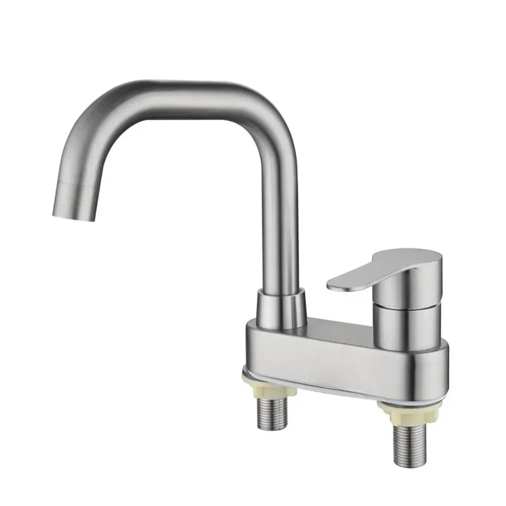 Bathroom Basin Faucet 304 Stainless Steel Sink Mixer Tap Hot Cold Water 2 Holes Deck Mounted Single Handle Faucet NEW