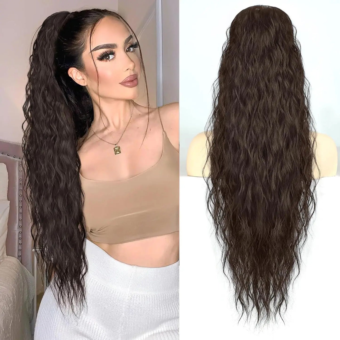26inch Synthetic Long Curly Wavy Ponytail Extension Drawstring Ponytail Hair Extensions for Women Hairpiece for Daily Use Party