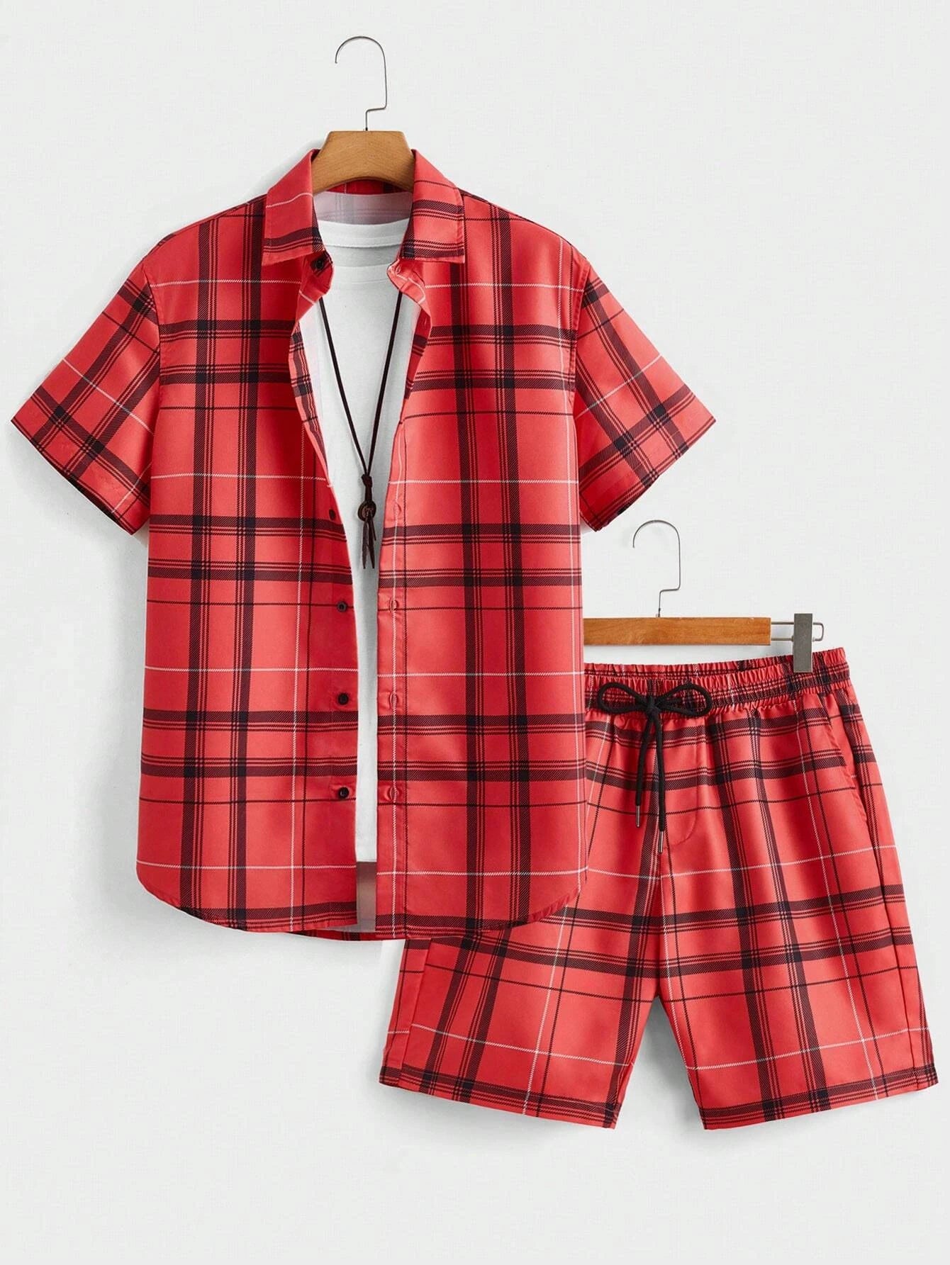 Street Casual Men's Suit Personalized Fashion Plaid Printed Pattern Short Sleeve Lapel Shirt and Shorts Men's Two Piece Set