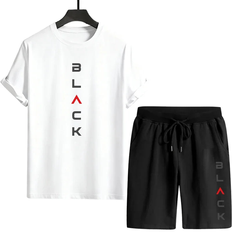 Men's Black Letter Printed Summer Sandal Two-Piece Set Casual Sportswear T-Shirt & Shorts Comfortable Outdoor Home Wear T-Shirts