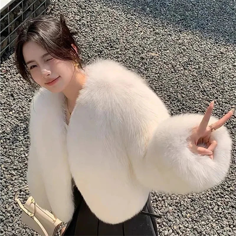2025 Fashion Black Pink Fur Coat Women's Short Fox Fur Jacket Korean V-neck Streetwear Lady Outerwear Loose Tops Autumn Winter