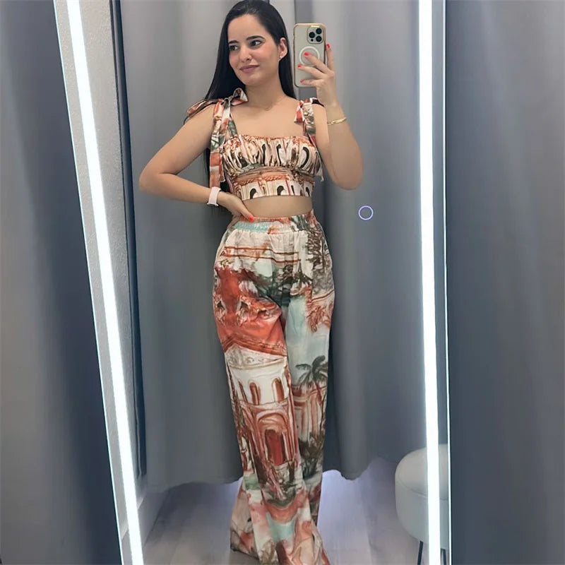 Doyerl Printing Pattern Two Piece Set Woman Holiday Outfits Lace-up Strapless Crop Top and Wide Leg Pants Matching Sets Ensemble