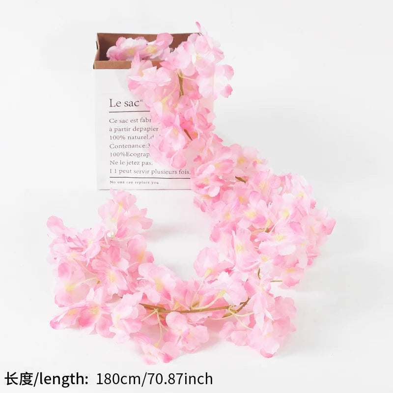 180CM Artificial Cherry Blossoms Vines Silk Sakura Flowers Rattan Hanging Garland Ornaments Wedding Party Garden Home Decoration