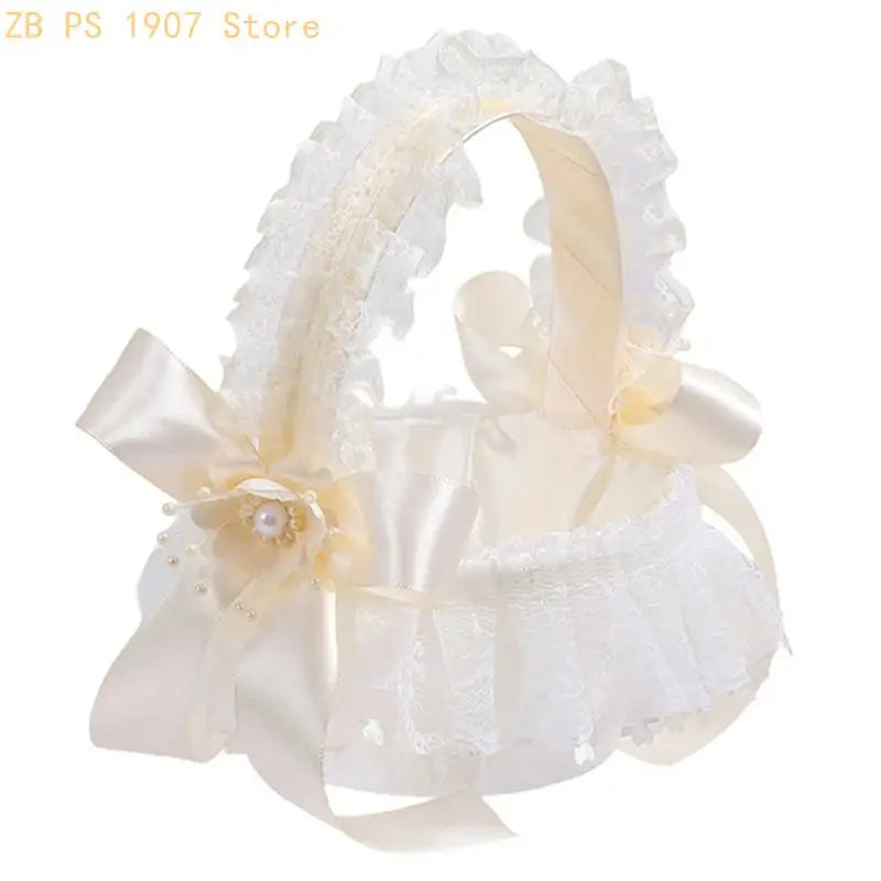 Wedding Flower Girl Basket with Lace Trim Handle Bowknot Flower Baskets for Wedding Ceremony Party Floral Arrangement 55KA