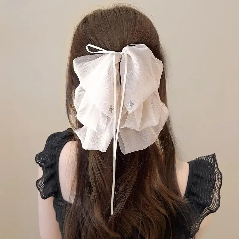 Black Elegant Women Large Bow Hair Claw Temperament Chiffon Big Bowknot Barrettes Hairpin Women Ponytail Hairpin Hair Accessory