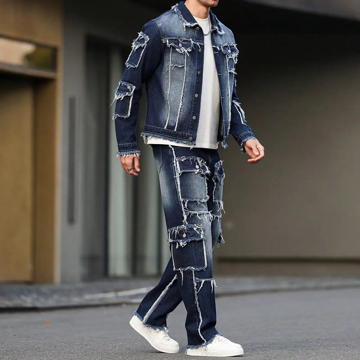 Men's spring and autumn denim suit, multi - pocket design, wide straight - leg pants style