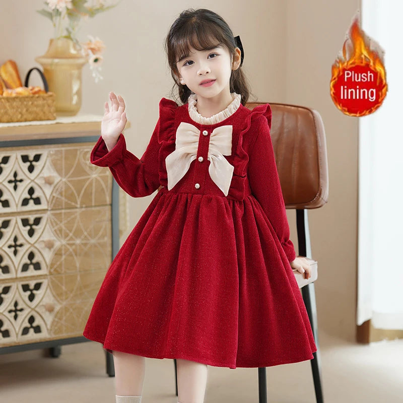 Young Girls' Winter Princess Clothes Red Thickened Velvet Dresses Baby Girl One-piece New Year's Birthday Party Corduroy Dress 
