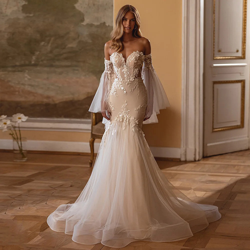 Wedding Dress for Woman Bride Customized Sexy Detachable Long Sleeves Sweetheart Sequined Applique Mermaid Bridal Gown