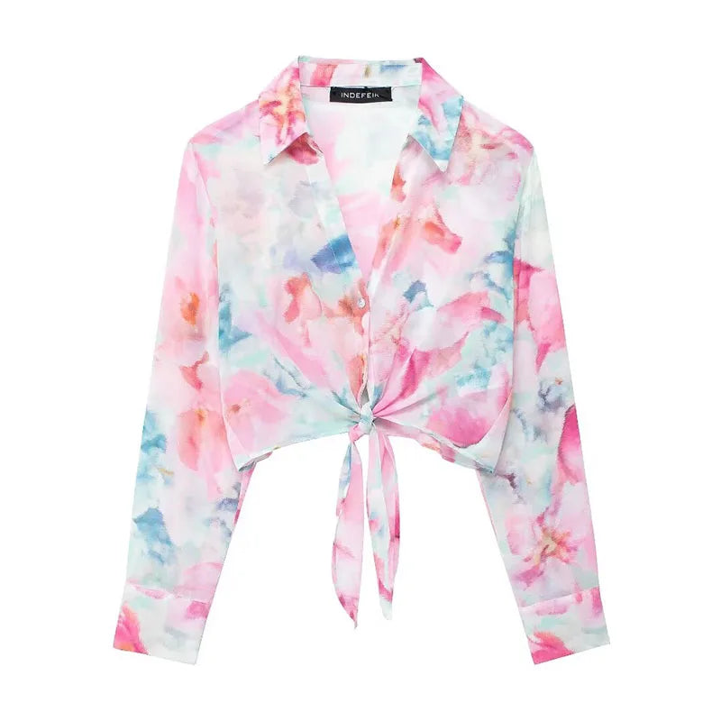 HH Woman New Fashion Summer Casual Shirts Print Turn-Down Collar Long Sleeves Bow Single Breasted Female Bohemian Blouse