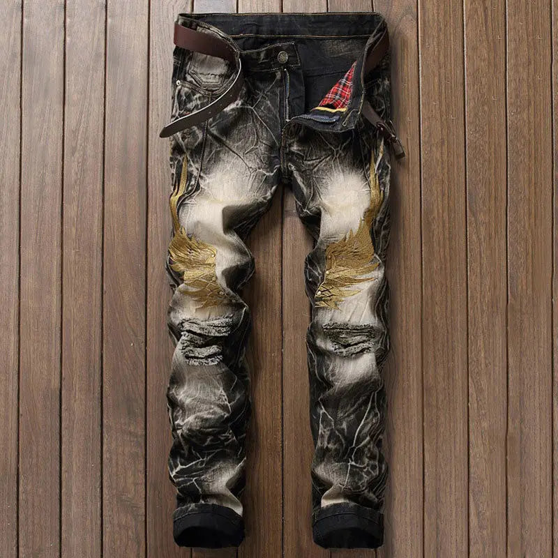 Motorcycle Clothing Men Cowboy Man Ripped Embroidered Straight Slim Retro Men's Pants Primary Color Beggar Nightclub Trousers