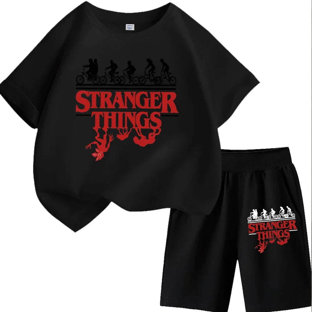 Stylish Stranger Things Kids T-Shirt Set with Silhouette Bikes and Demogorgon Design for Boys/Girls