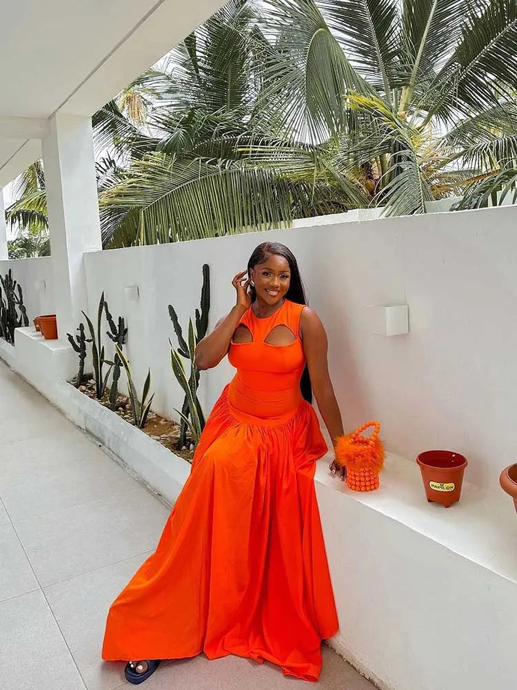 Long Summer Woman Dress Hollow Out Knitted Maxi Dress Beautiful Orange Dress for Women Elegant Party Wholesale Dropshipping