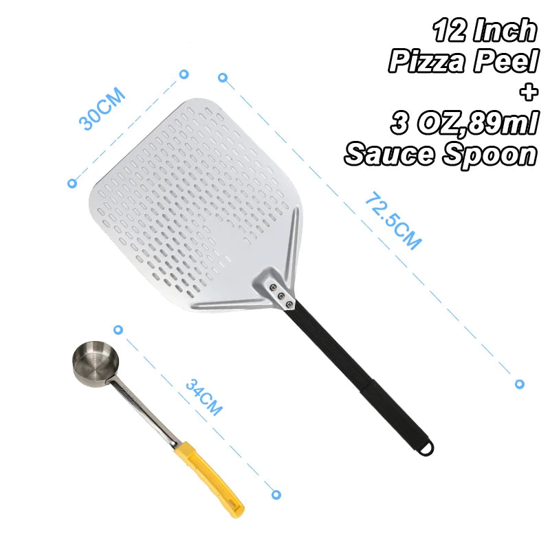 PizzAtHome 12/13/14 inch Pizza Peel Aluminum Alloy Pizza Shovel Pizza Peel Paddle Short Long Handle Anodize with Cutter Spoon