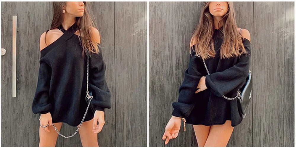 Oversize women cross halter sweaters 2021 spring fashion ladies elegant knitted pullovers female knitwear soft girls chic tops